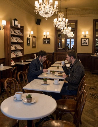 Couple sharing coffee and Sachertorte inside a traditional Viennese coffeehouse with marble tables and chandeliers