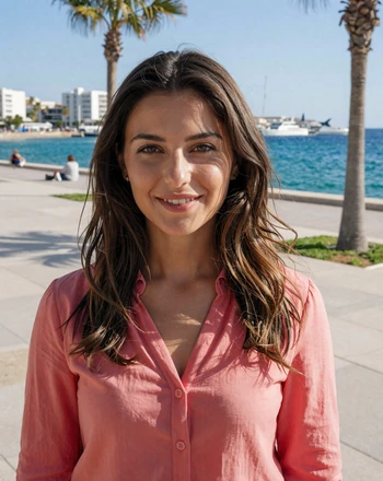 Marina, 28, Cypriot woman from Limassol smiling on the marina promenade with turquoise sea