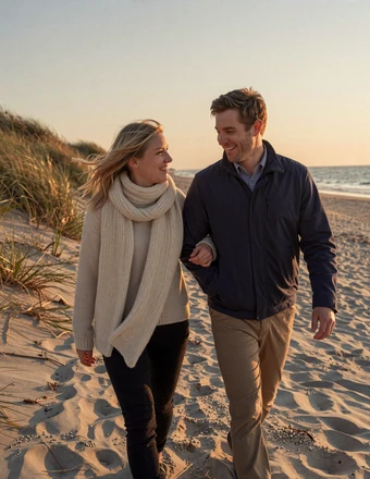 Happy American-Danish couple walking along a flat Danish beach at sunset laughing together