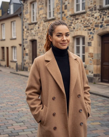 Élise, 31, Luxembourg woman from Ettelbruck on a cobblestone street with traditional stone houses behind