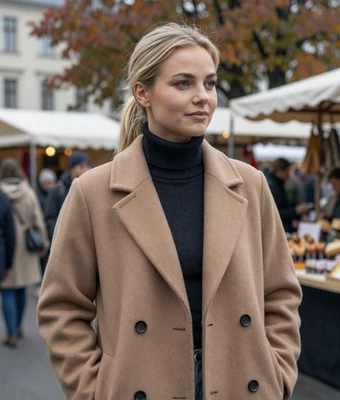 Katrin, a German woman with a confident relaxed expression at a Berlin street market in autumn