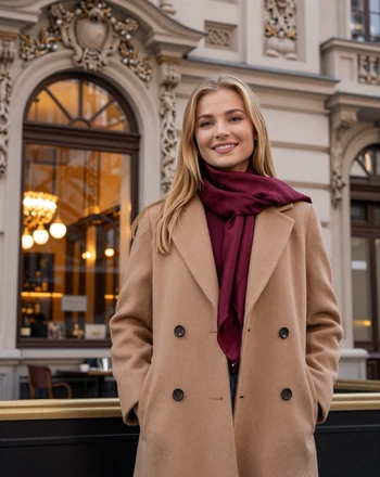 Katharina, 32, Austrian woman from Vienna with elegant smile outside a grand Viennese coffeehouse