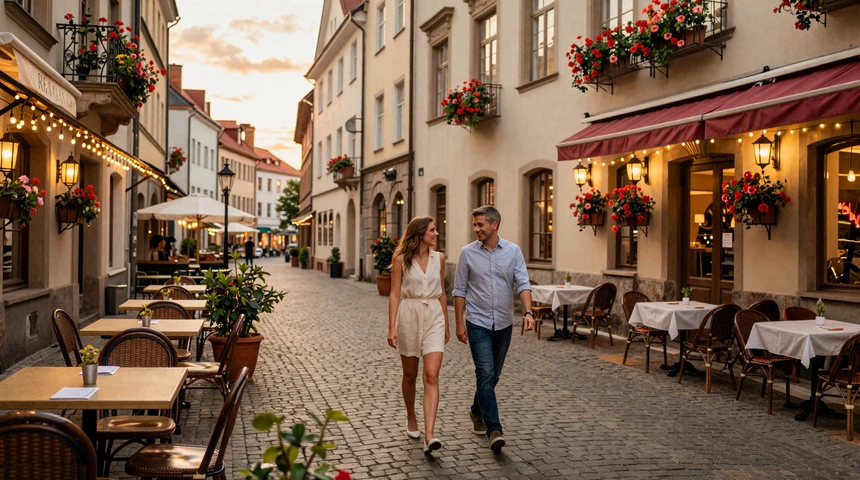 Romantic European cobblestone street at golden hour with outdoor cafes and a couple walking together