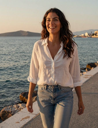 Greek woman laughing on a Mediterranean seaside promenade at golden hour sunset