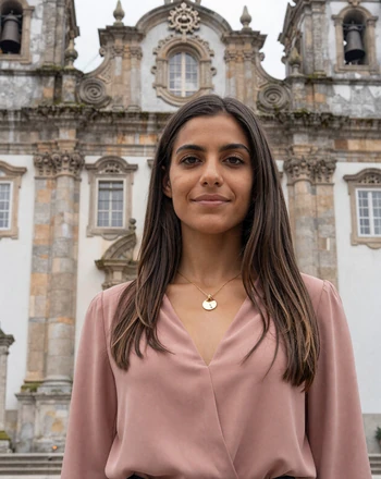 Leonor, 27, Portuguese woman from Braga standing before a Baroque church with ornate stone carvings