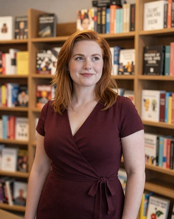 Elvira, 34, Swedish woman from Linköping standing in a cozy bookshop with gentle smile