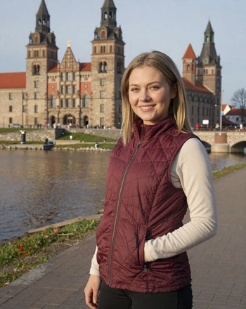 Eliise, 27, Estonian woman from Narva at the river promenade with Hermann Castle behind