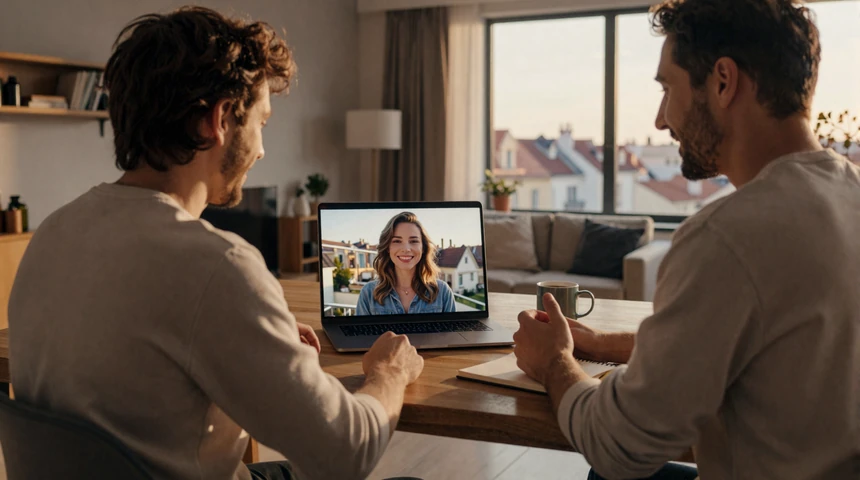 American man video calling his European girlfriend on a laptop in a cozy apartment at golden hour
