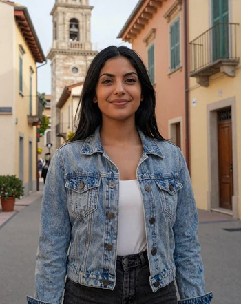 Valentina, 26, San Marinese woman from Serravalle on a sunlit street with colorful Italian-style buildings