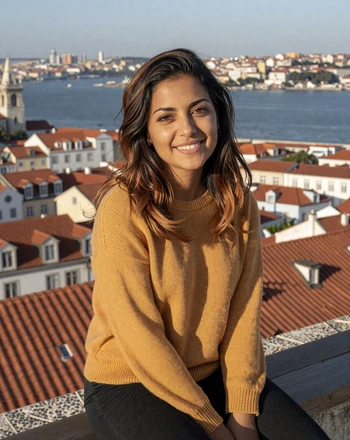 Sofia, 29, Portuguese woman from Lisbon at a miradouro viewpoint with red rooftops and river panorama