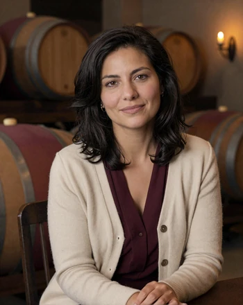 Madalena, 35, Portuguese woman from Porto in a port wine cellar with wooden barrels and candlelight