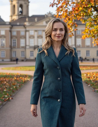 Elegant Estonian woman walking through Kadriorg Park in Tallinn during autumn with colorful leaves