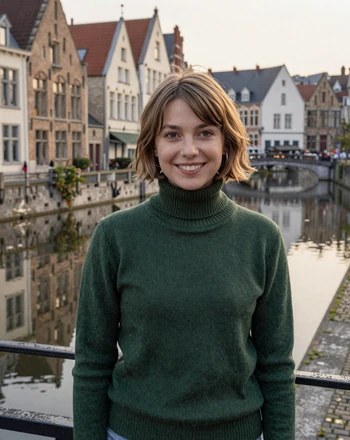 Lotte, 26, Belgian woman from Ghent standing along the Graslei canal with medieval buildings