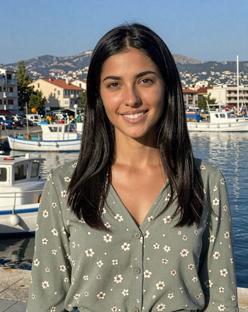 Maria, 24, Greek woman from Volos at the harbor waterfront with Mount Pelion in the distance