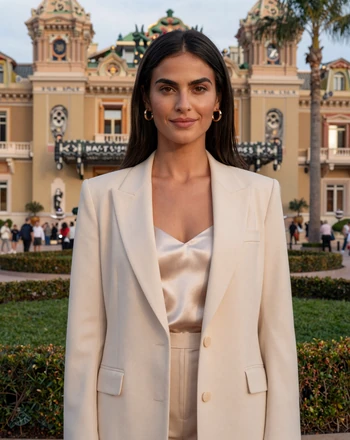 Valentina, 31, Monacan woman from Monte Carlo in a cream blazer near the Casino gardens with palm trees