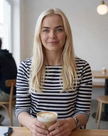 Freja, 28, Danish woman from Copenhagen sitting in a minimalist café with natural light and a warm smile