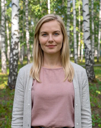 Helmi, 30, Finnish woman from Lahti standing in a sunlit birch forest in summer