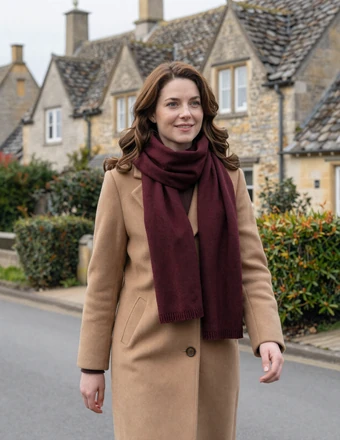Stylish British woman walking through a picturesque English village