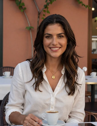 Italian woman enjoying espresso at a Mediterranean outdoor cafe in golden hour light