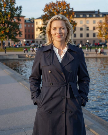 Elsa, 31, Swedish woman from Stockholm with confident smile on a waterfront promenade at golden hour