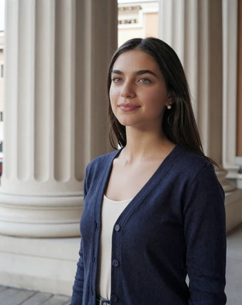 Lucia, 26, Italian woman near Vatican City wearing a navy cardigan by classical Roman columns in morning light