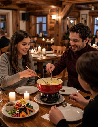 Couple sharing traditional Swiss fondue at a cozy Alpine chalet restaurant with warm candlelight