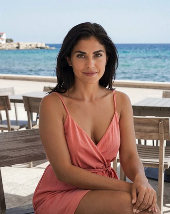 Graziella, 31, Maltese woman from Sliema at a waterfront cafe with the Mediterranean Sea behind