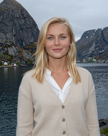 Ingrid, 27, Norwegian woman from Oslo smiling gently near a fjord landscape