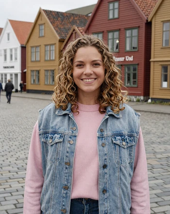 Maja, 27, Norwegian woman from Bergen with happy smile on cobblestone street near colorful Bryggen houses