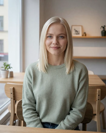 Aino, 28, Finnish woman from Helsinki sitting in a minimalist Nordic cafe with warm daylight