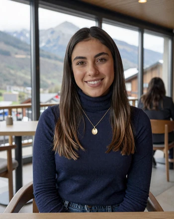 Laia, 28, Andorran woman from Andorra la Vella sitting in a modern cafe with Pyrenees mountain views