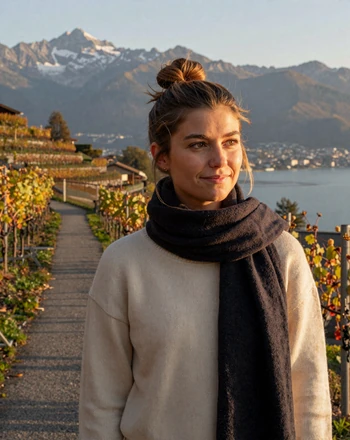 Amélie, 28, Swiss-French woman from Lausanne on terraced vineyards above Lake Geneva at golden hour