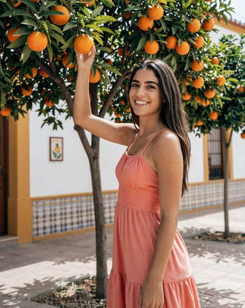 Lucía, 26, Spanish woman from Seville smiling joyfully beside an orange tree on a sunny street