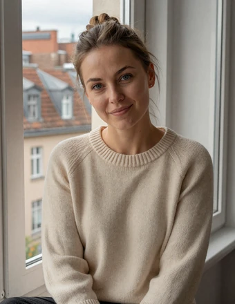 German woman sitting by a window in her Berlin apartment with a warm smile and city rooftops behind