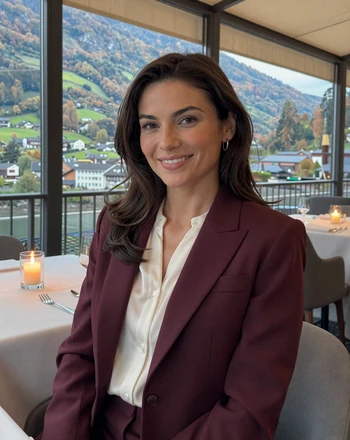 Fabienne, 35, Liechtenstein woman from Schaan at an upscale restaurant with Rhine Valley panoramic view