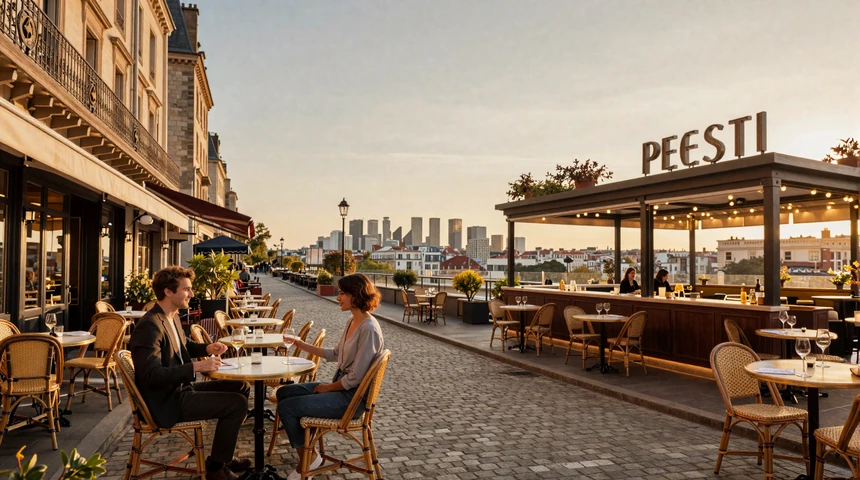 Split view comparing a romantic European cobblestone cafe and a modern American rooftop bar at golden hour