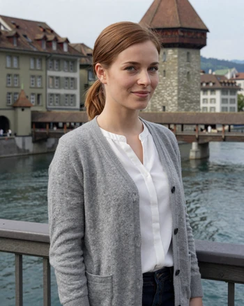 Lara, 27, Swiss woman from Bern standing on a medieval bridge over the turquoise Aare river