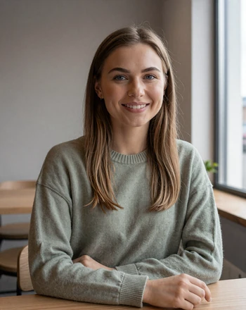 Kadri, 29, Estonian woman from Tallinn sitting at a modern Nordic cafe with warm smile