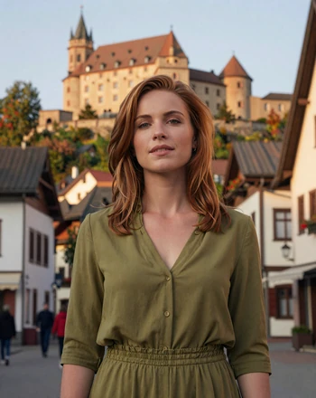Nina, 31, Liechtenstein woman from Balzers standing in the village center with Gutenberg Castle on the hilltop
