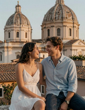 Happy international couple laughing together on a Roman terrace with church domes and rooftops at golden hour