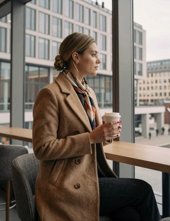 Sophisticated Luxembourg woman holding coffee in a modern Kirchberg district cafe with contemporary architecture visible