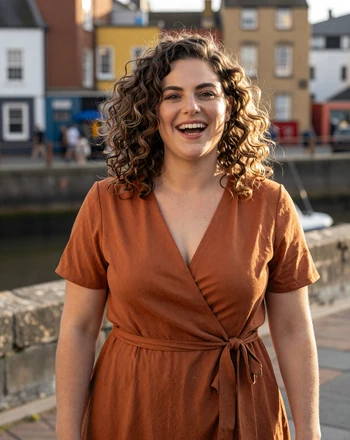 Olivia, 31, British woman from Bristol laughing at the colorful waterfront