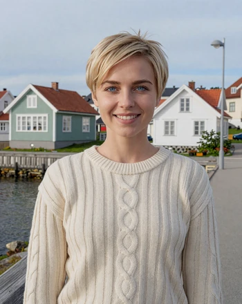 Triin, 25, Estonian woman from Haapsalu at the seaside promenade with wooden houses