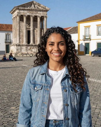 Catarina, 30, Portuguese woman from Évora in a sunlit cobblestone square near the Roman Temple