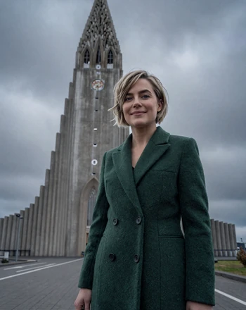 Björk, 34, Icelandic woman from Reykjavik standing near Hallgrímskirkja church in a tailored wool coat