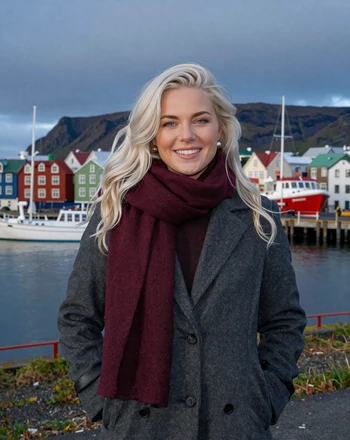 Brynja, 29, Icelandic woman from Reykjavik with confident smile near the harbor with mountains behind