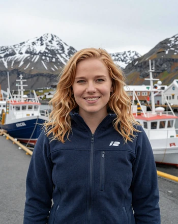 Þóra, 31, Icelandic woman from Akureyri at the harbor with snow-capped mountains in the background