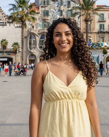Lucia, 27, verified Spanish woman from Barcelona smiling joyfully on a sunny plaza