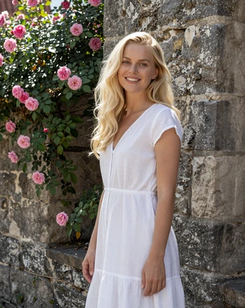 Tilda, 28, Swedish woman from Visby standing among medieval stone walls and roses on Gotland island