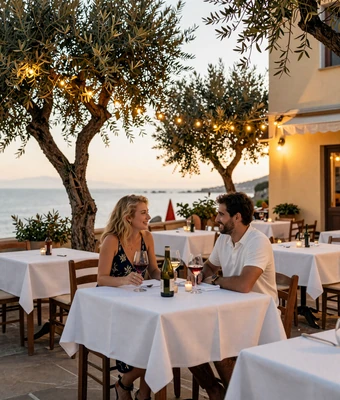 Couple sharing wine and laughing at a Mediterranean outdoor restaurant terrace at sunset